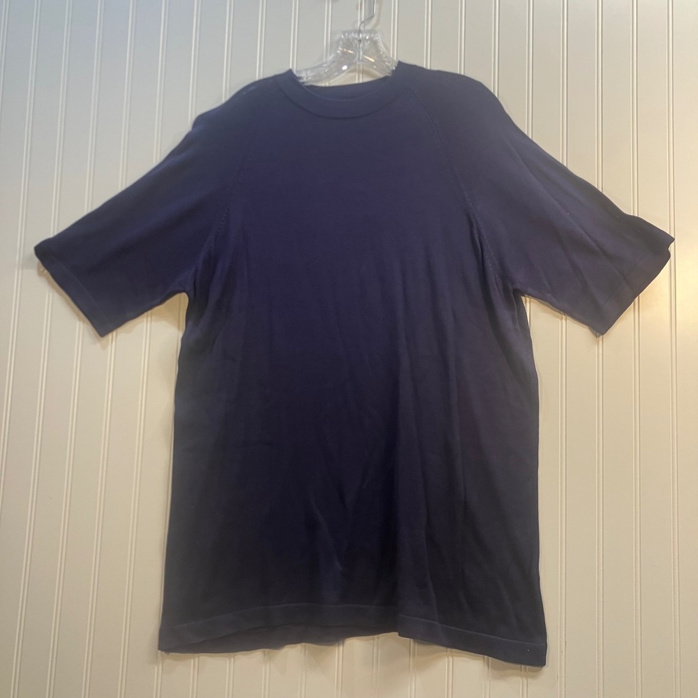 Vintage Kevoman Mens Navy Blue 100% Silk 2-Ply Short Sleeve Knit Sweater Large